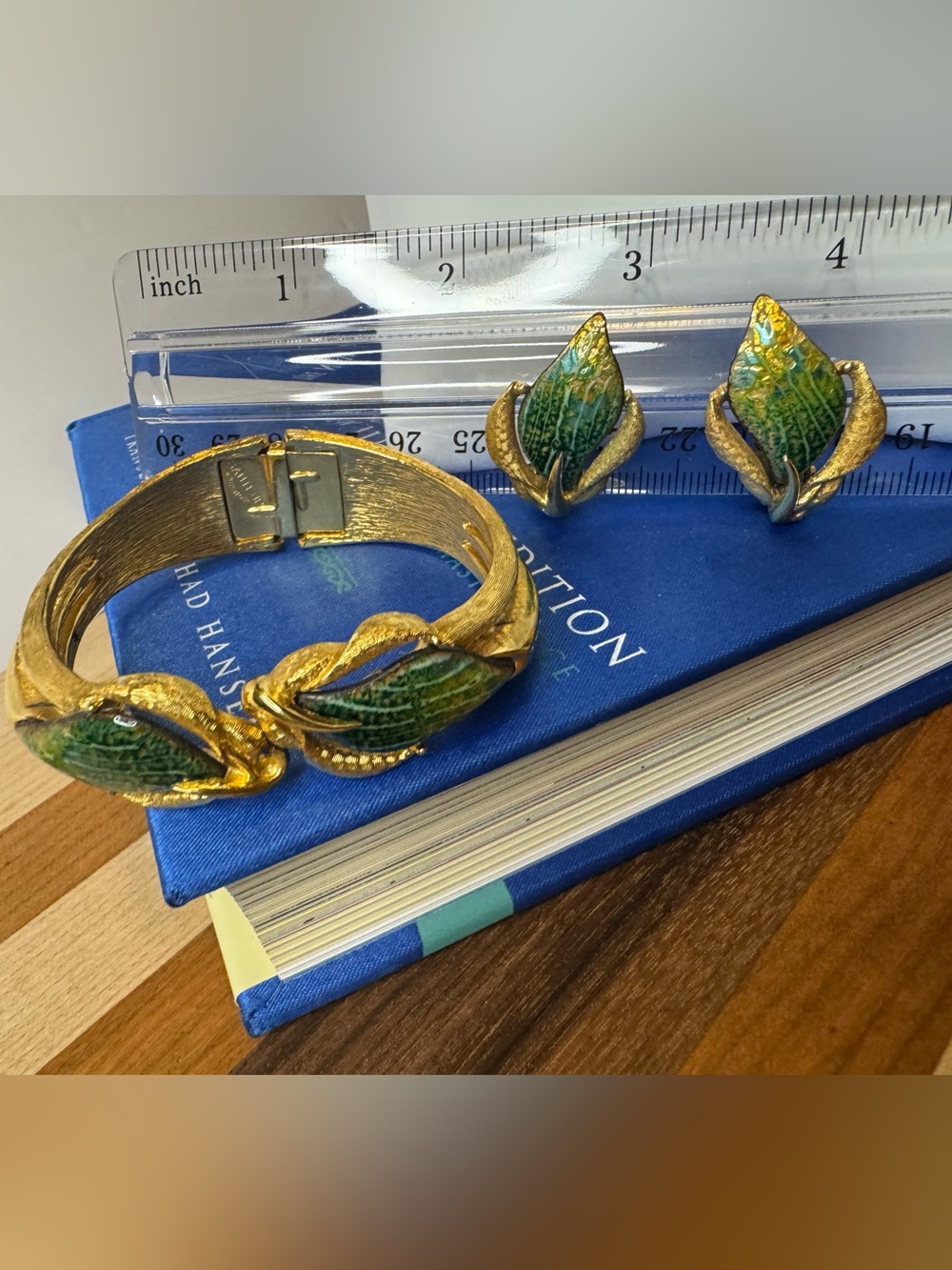 Renoir vintage Gold and Green Leaf Bracelet and Earring Set